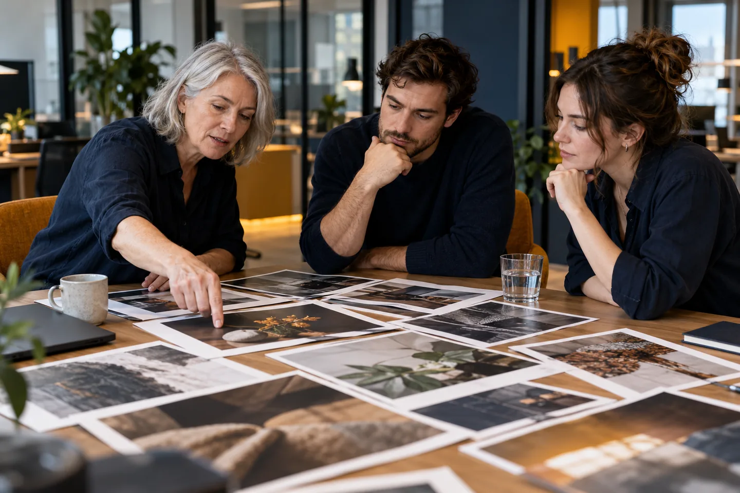 An imagined creative review with photographic prints on a table