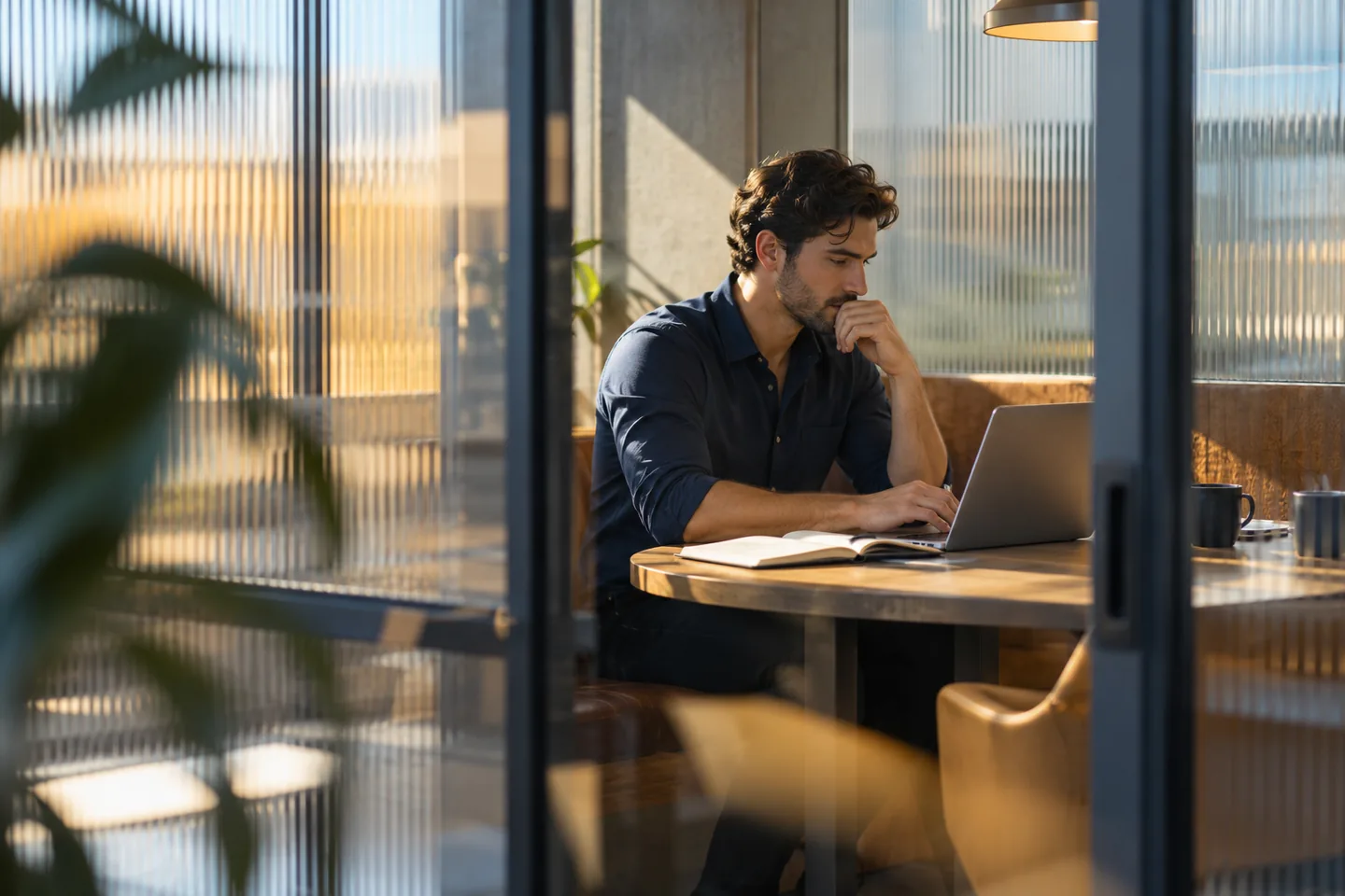 A fictional professional concentrating in a quiet office booth