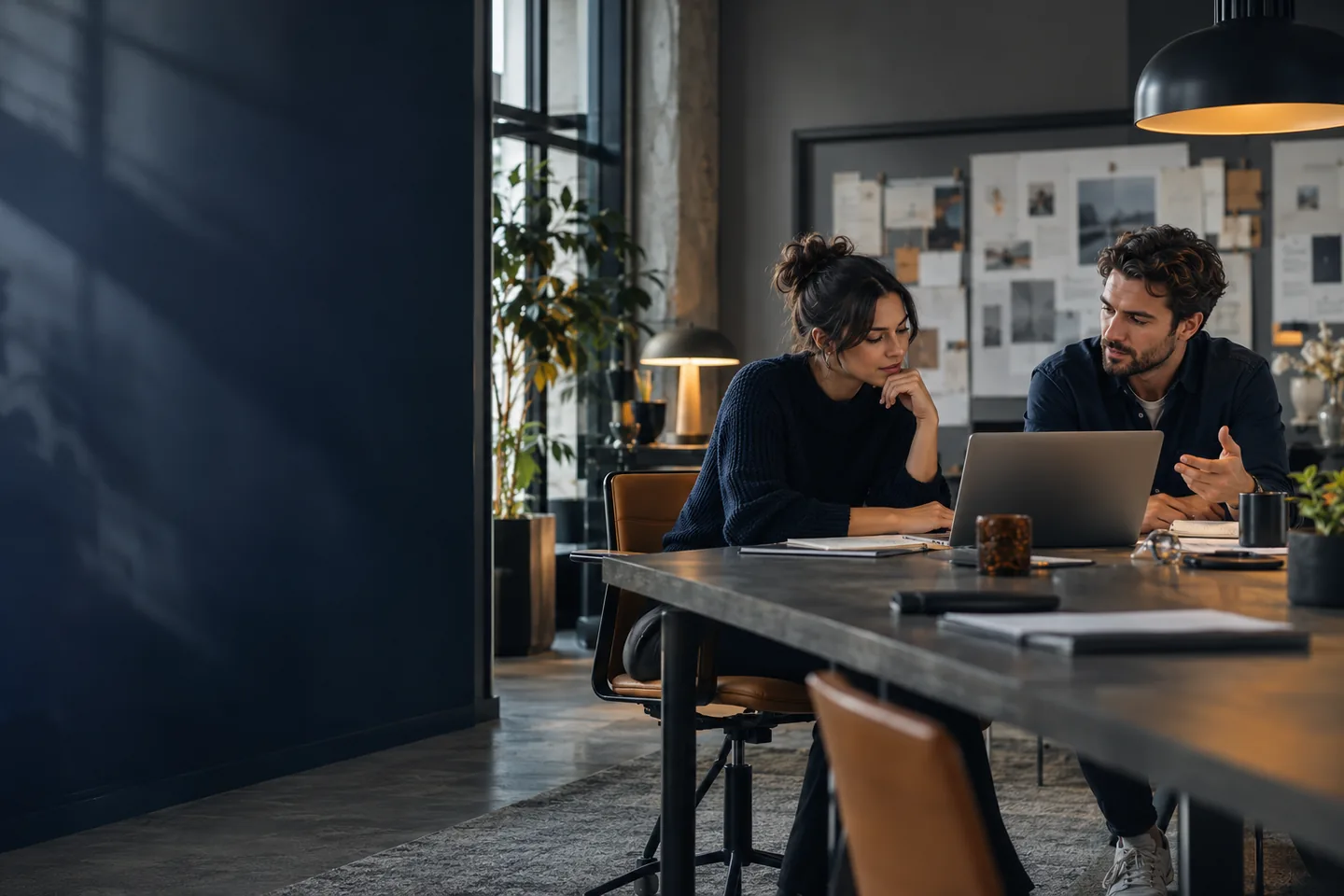 Fictional colleagues considering a campaign decision in a quiet planning room